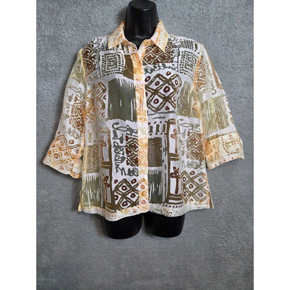 Womens Sheer Mesh Gauze Top See Through Blouse M/L White Yellow Brown Aztec‎